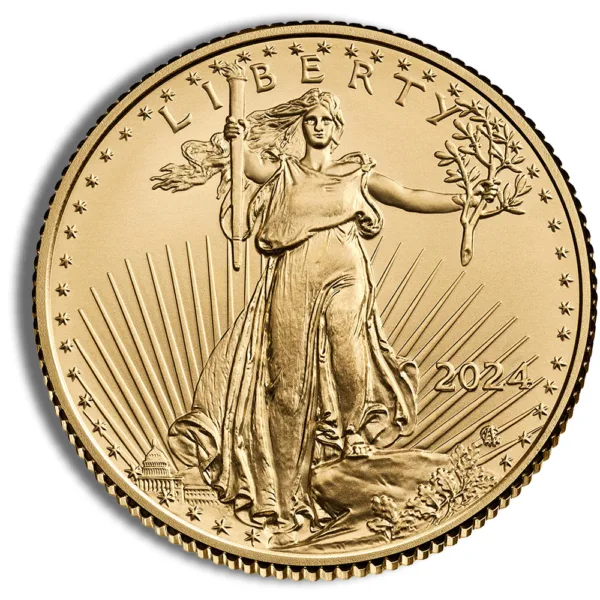 Gold American Eagle coin featuring the iconic Liberty design, dated 2024, with rays of sunlight emanating behind the figure of Liberty holding a torch and olive branch, symbolizing freedom and peace.