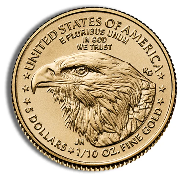 Gold American Eagle coin featuring a detailed eagle design, inscribed with "United States of America," "E Pluribus Unum," "In God We Trust," and denomination of "5 Dollars" along with "1/10 Oz. Fine Gold."