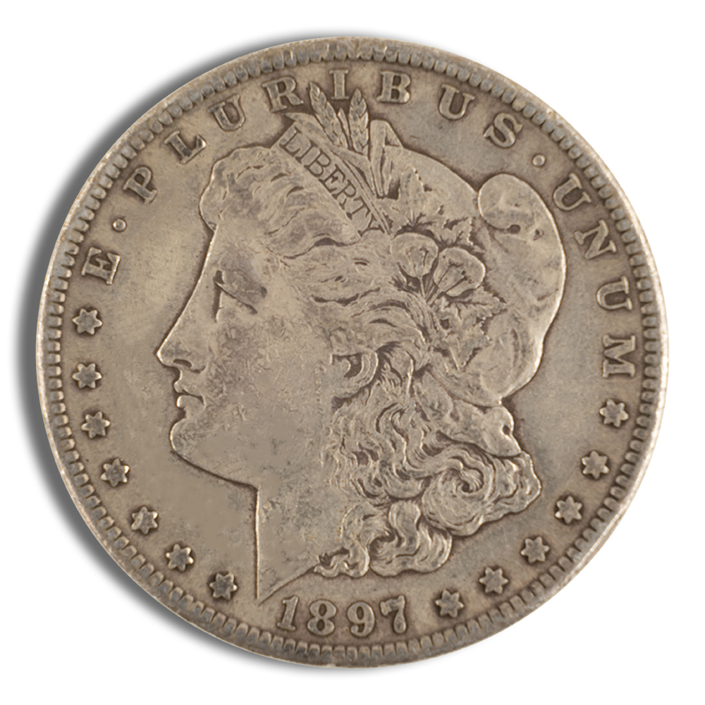 Silver Morgan dollar coin featuring a detailed profile of Lady Liberty, minted in the late 19th century, showcasing intricate engravings and historical significance in American numismatics.