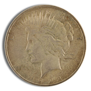 Silver Peace Dollar coin featuring a profile of Lady Liberty with a radiant crown, minted in the early 20th century, symbolizing peace and prosperity.
