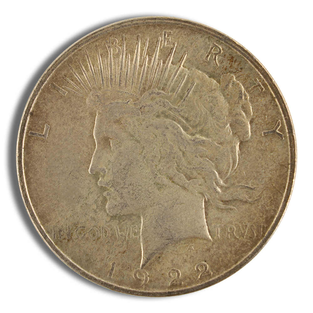 Silver Peace Dollar coin featuring a profile of Lady Liberty with a radiant crown, minted in the early 20th century, symbolizing peace and prosperity.