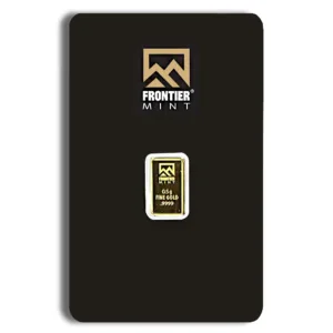 Frontier Mint gold bullion bar packaged in a sleek black card, featuring the Frontier Mint logo and specifications for easy identification. Ideal for investment and collectors.