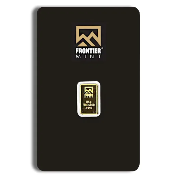 Frontier Mint gold bullion bar packaged in a sleek black card, featuring the Frontier Mint logo and specifications for easy identification. Ideal for investment and collectors.