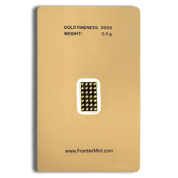 Gold investment bar featuring a weight of 0.5 grams, displayed on a sleek gold-colored background with product details. Ideal for collectors and investors in precious metals.