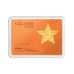 Valcambi gold bar featuring a distinctive star design, presented in a protective plastic case, ideal for investment and collection.