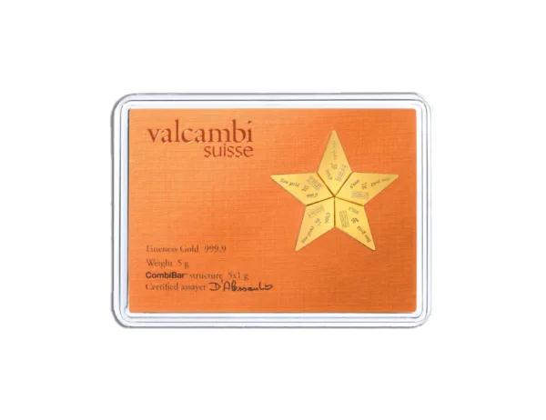 Valcambi gold bar featuring a distinctive star design, presented in a protective plastic case, ideal for investment and collection.