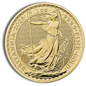 Gold Britannia coin featuring the iconic figure of Britannia, minted in 2025, weighing 1 ounce and made of 999.9 fine gold.