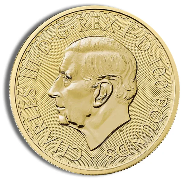 Gold coin featuring the profile of King Charles III, inscribed with "CHARLES III D.G. REX F.D. 100 POUNDS." Ideal for collectors and currency enthusiasts.