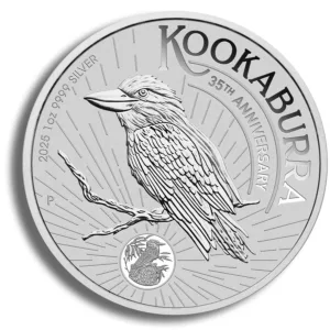 2025 Kookaburra silver coin featuring a detailed depiction of a kookaburra perched on a branch, celebrating the 35th anniversary of the series, with the inscription "2025 1 oz 9999 Silver" and a small circular design of a kookaburra below.