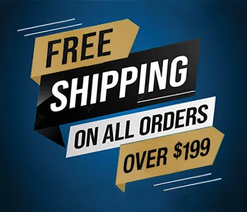 Promotional banner highlighting free shipping on all orders over $199, featuring bold text and a dynamic design against a blue background.
