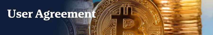 Image featuring a Bitcoin surrounded by stacks of coins, with the text "User Agreement" prominently displayed. Ideal for cryptocurrency-related content or legal documents.