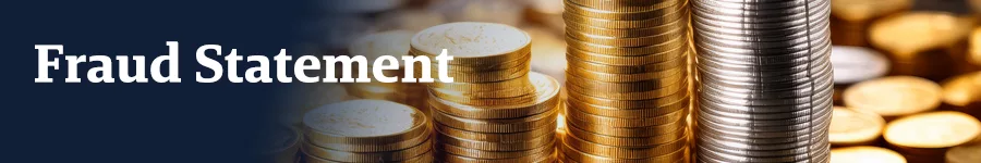 Stacks of gold and silver coins with the text "Fraud Statement" in a professional font, emphasizing financial integrity and security in financial reporting.
