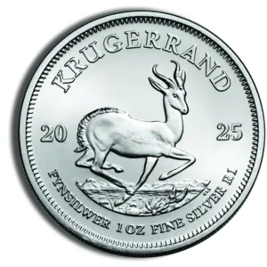Silver Krugerrand coin featuring a springbok antelope design, minted in 2025, with a weight of 1 oz and marked as fine silver.