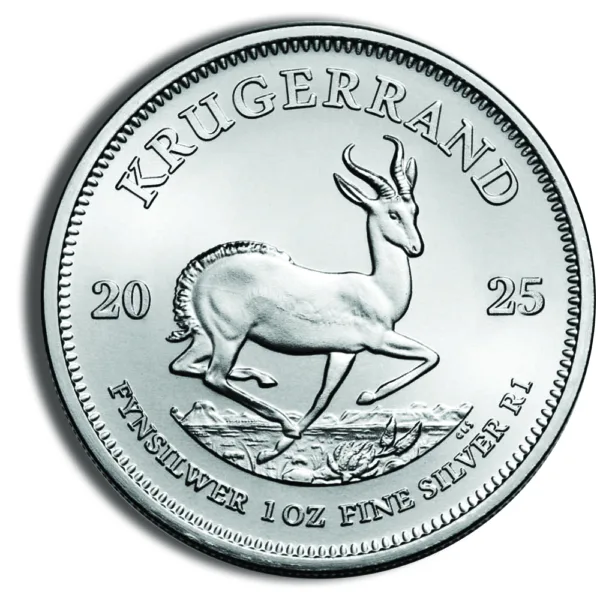Silver Krugerrand coin featuring a springbok antelope design, minted in 2025, with a weight of 1 oz and marked as fine silver.