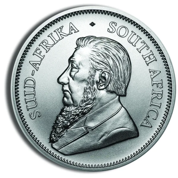 Silver coin featuring a profile of Paul Kruger, inscribed with "SUID-AFRIKA" and "SOUTH AFRICA," representing South African currency history.