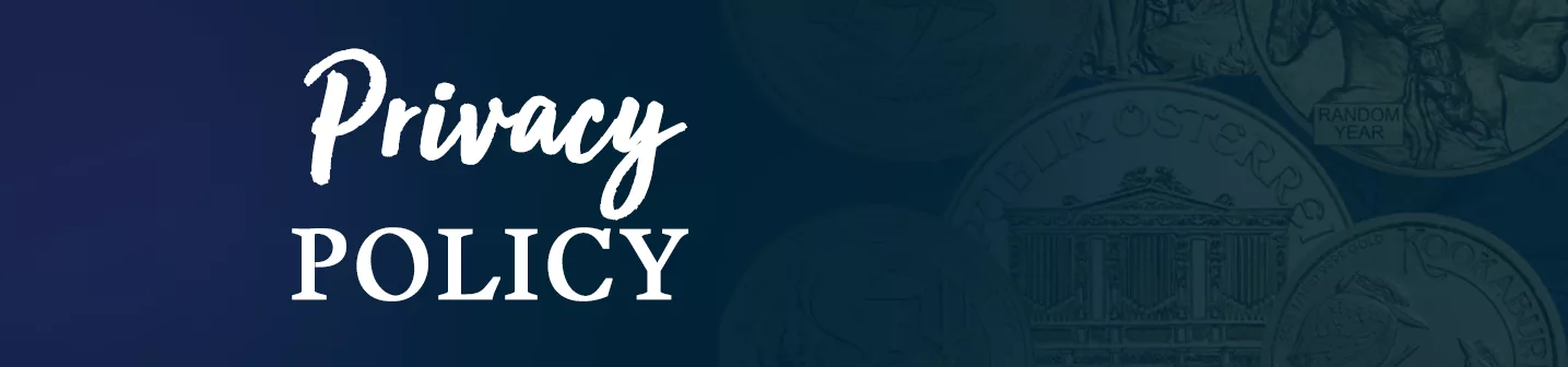 Text overlay of "Privacy Policy" on a dark blue background featuring images of various coins, representing financial transparency and security.