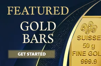 Image promoting featured gold bars, highlighting a 50g fine gold Suisse bar with 999.9 purity, and a call-to-action button labeled "Get Started."