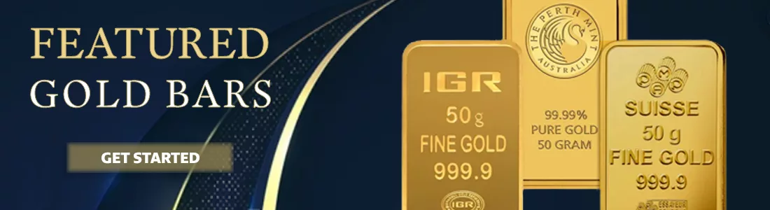 Featured gold bars including 50g fine gold bars from IGR and Suisse, showcasing high purity levels of 999.9. Explore premium investment options in gold.