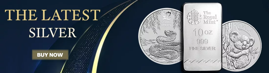 Alt text: An advertisement showcasing the latest silver products, featuring a 10 oz fine silver bar from The Royal Mint and two silver coins: a snake coin for 2025 and a koala coin, encouraging viewers to buy now.