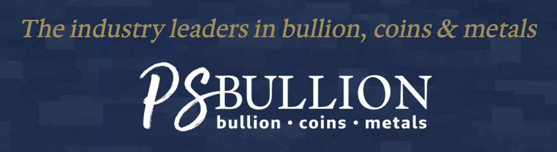 PS Bullion logo showcasing industry leadership in bullion, coins, and metals, set against a textured blue background.
