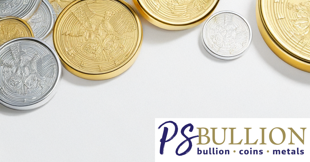 Assorted gold and silver bullion coins displayed on a white surface, featuring intricate designs and textures, with the PS Bullion logo prominently featured.