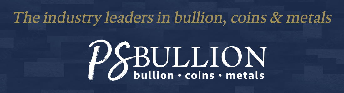 PS Bullion logo showcasing industry leadership in bullion, coins, and metals, set against a textured blue background.