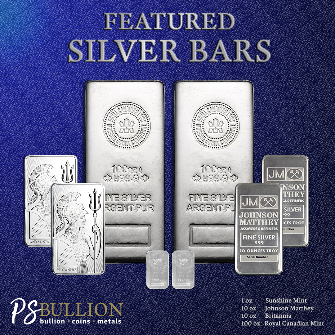 Alt text: Featured collection of silver bars including 100 oz Johnson Matthey bars, 10 oz Britannia bars, and 1 oz bars from Sunshine Mint and Royal Canadian Mint, showcasing high purity silver options for investors.