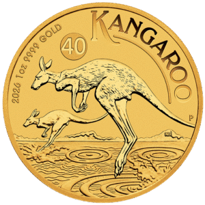 Gold Kangaroo coin featuring two kangaroos in motion, dated 2026, with a purity of 9999 and weight of 1 ounce, showcasing intricate designs and Australian wildlife.