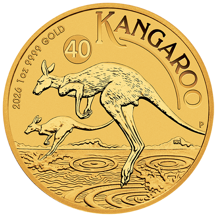Gold Kangaroo coin featuring two kangaroos in motion, dated 2026, with a purity of 9999 and weight of 1 ounce, showcasing intricate designs and Australian wildlife.