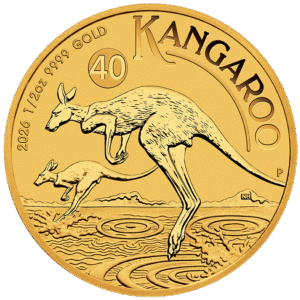 Gold Kangaroo coin featuring two kangaroos in mid-leap, minted in 2026, 1/2 oz of 9999 fine gold, with the denomination of 40 AUD.