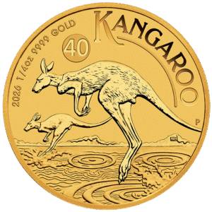 Gold Kangaroo coin featuring a design of two kangaroos leaping, with inscriptions indicating the year 2026, weight of 1/4 oz, and purity of 9999 gold.