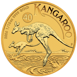 Gold Kangaroo coin featuring two kangaroos in motion, minted in 2026 with a weight of 1/10 oz and a purity of 9999 gold. The design includes the inscription "KANGAROO" and the denomination "40."