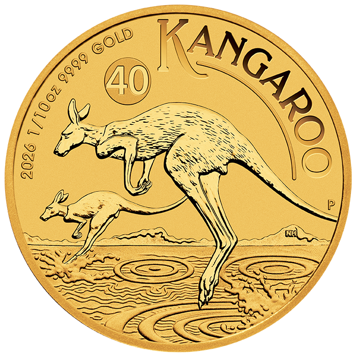 Gold Kangaroo coin featuring two kangaroos in motion, minted in 2026 with a weight of 1/10 oz and a purity of 9999 gold. The design includes the inscription "KANGAROO" and the denomination "40."