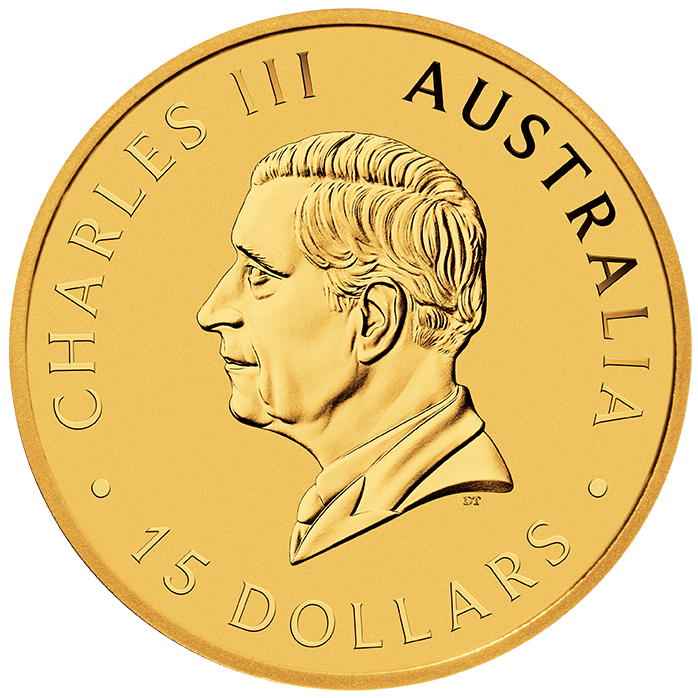 Gold coin featuring a profile of King Charles III, inscribed with "Australia" and "15 Dollars."