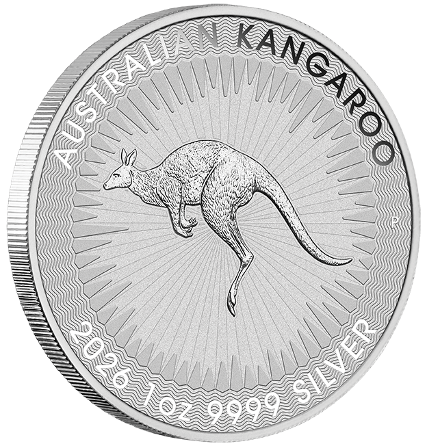 Australian Kangaroo silver coin featuring a detailed engraving of a jumping kangaroo, with inscriptions indicating its weight of 1 oz and purity of 9999 fine silver.