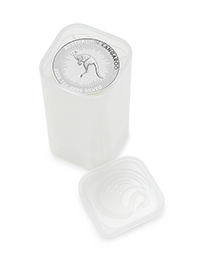 Silver coin in a protective capsule, featuring a kangaroo design, ideal for collectors and investors.