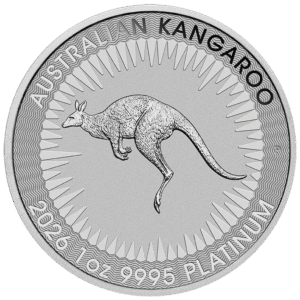 Platinum Australian Kangaroo coin featuring a detailed kangaroo design, minted in 2026, with a purity of 99.95%. The coin showcases intricate engravings and a radiant finish, perfect for collectors and investors in precious metals.