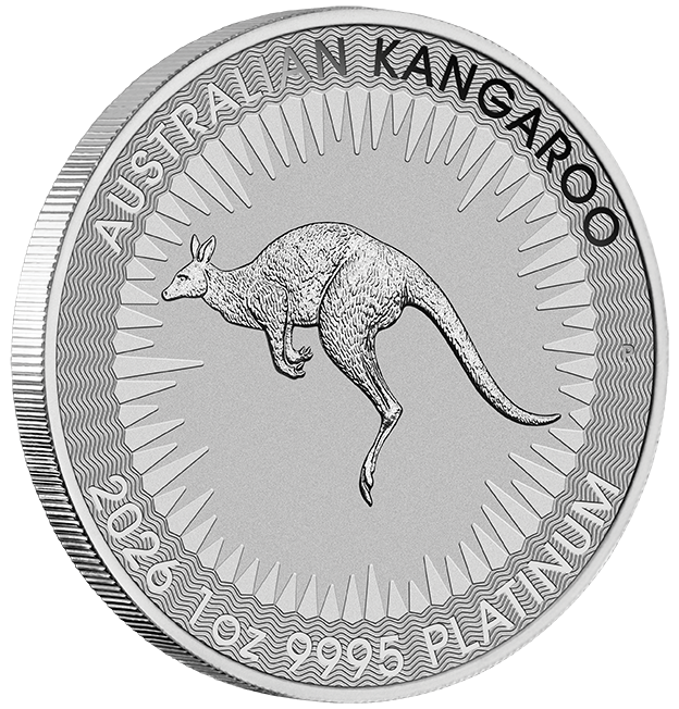 Australian Kangaroo platinum coin featuring a detailed engraving of a kangaroo in mid-leap, minted in 2026 with a purity of 99.95%.