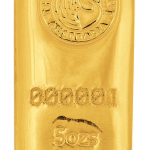 Gold bullion bar from the Perth Mint, Australia, weighing 5 ounces with a purity of 9999. Features the mint's logo and a unique serial number.