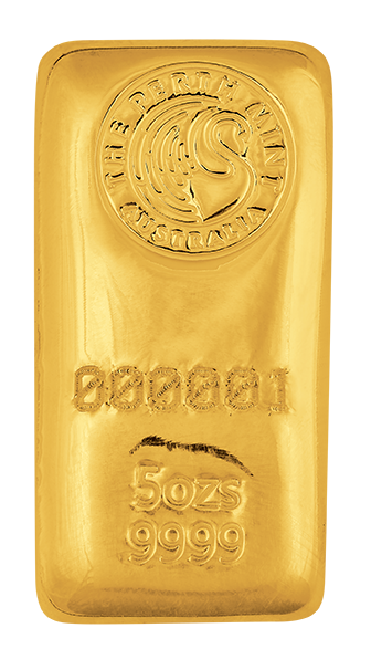 Gold bullion bar from the Perth Mint, Australia, weighing 5 ounces with a purity of 9999. Features the mint's logo and a unique serial number.