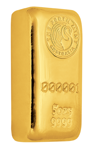 Gold bullion bar from the Perth Mint, featuring a weight of 5 ounces and a purity of 9999. The bar displays the mint's logo and a unique serial number, emphasizing its authenticity and value as a precious metal investment.