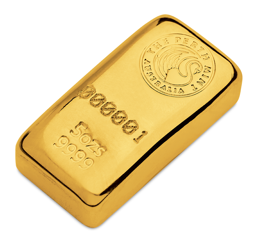 Gold bullion bar weighing 50 ounces, featuring the Perth Mint logo and marked with a purity of 9999.