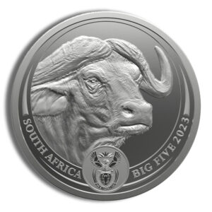 Silver coin featuring a detailed depiction of a Cape buffalo, part of South Africa's Big Five series, minted in 2023. The coin includes the inscriptions "South Africa" and "Big Five 2023," along with the national coat of arms at the center.