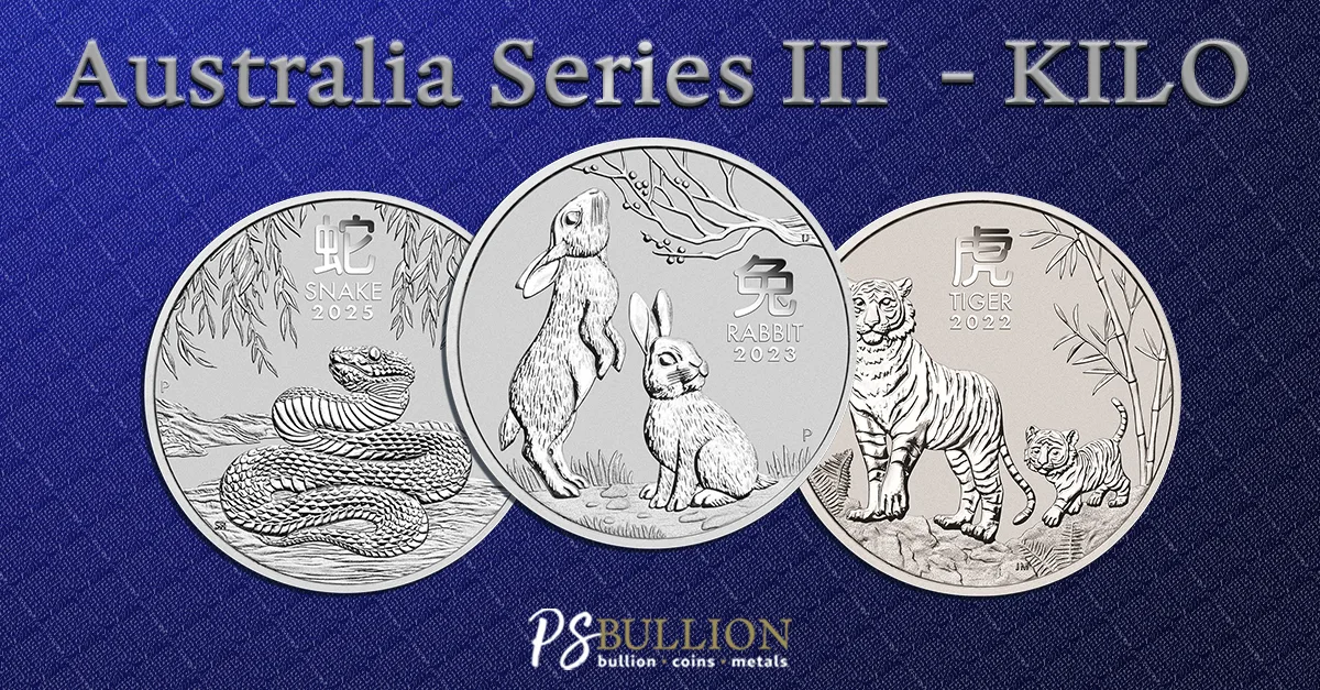 Alt text: Australia Series III bullion coins featuring the Snake (2025), Rabbit (2023), and Tiger (2022) designs, displayed against a blue background, showcasing intricate engravings and details of each animal.