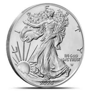 American Silver Eagle coin featuring the iconic Walking Liberty design, dated 2026, with inscriptions "LIBERTY" and "IN GOD WE TRUST." The coin showcases a detailed representation of Liberty adorned in flowing robes, holding branches, and set against a rising sun background.