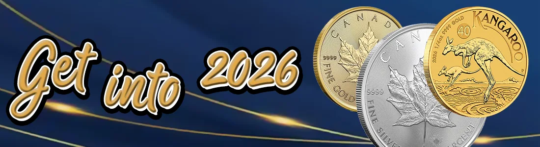 Promotional image featuring the text "Get into 2026" alongside three coins: a Canadian gold coin, a Canadian silver coin, and an Australian Kangaroo gold coin, set against a dynamic blue background with light streaks.