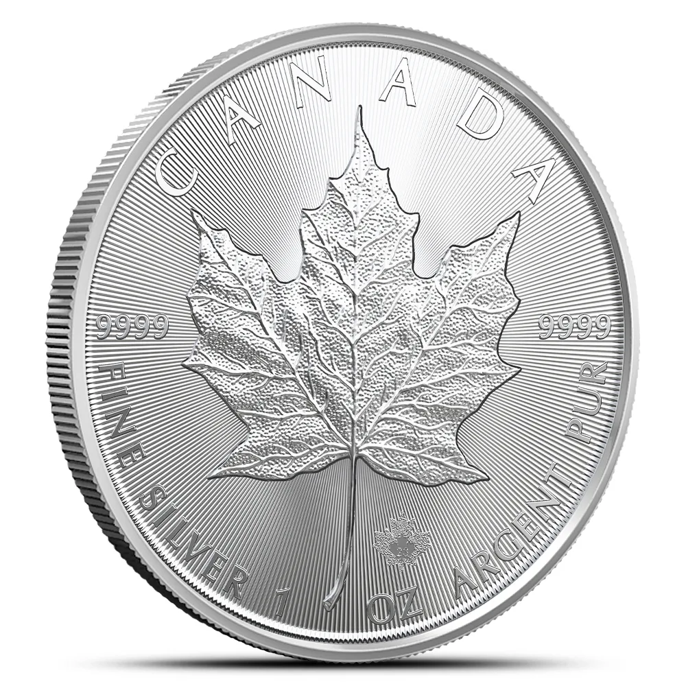 Silver Canadian Maple Leaf coin featuring a detailed maple leaf design, minted in .9999 fine silver, with inscriptions indicating its purity and weight of 1 troy ounce.