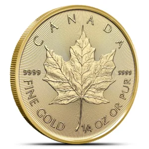 Gold Canadian Maple Leaf coin featuring a detailed maple leaf design, marked with "FINE GOLD 1/4 OZ OR PUR" and ".9999" purity, showcasing its status as a high-quality gold bullion investment.