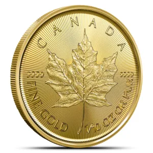 Gold Canadian Maple Leaf coin featuring a detailed maple leaf design, made of 1/10 oz fine gold with a purity of 9999. Ideal for collectors and investors in precious metals.
