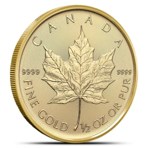 Gold Canadian Maple Leaf coin featuring a detailed maple leaf design, marked with "9999" for purity and "1/2 oz" to indicate weight. Ideal for collectors and investors in precious metals.